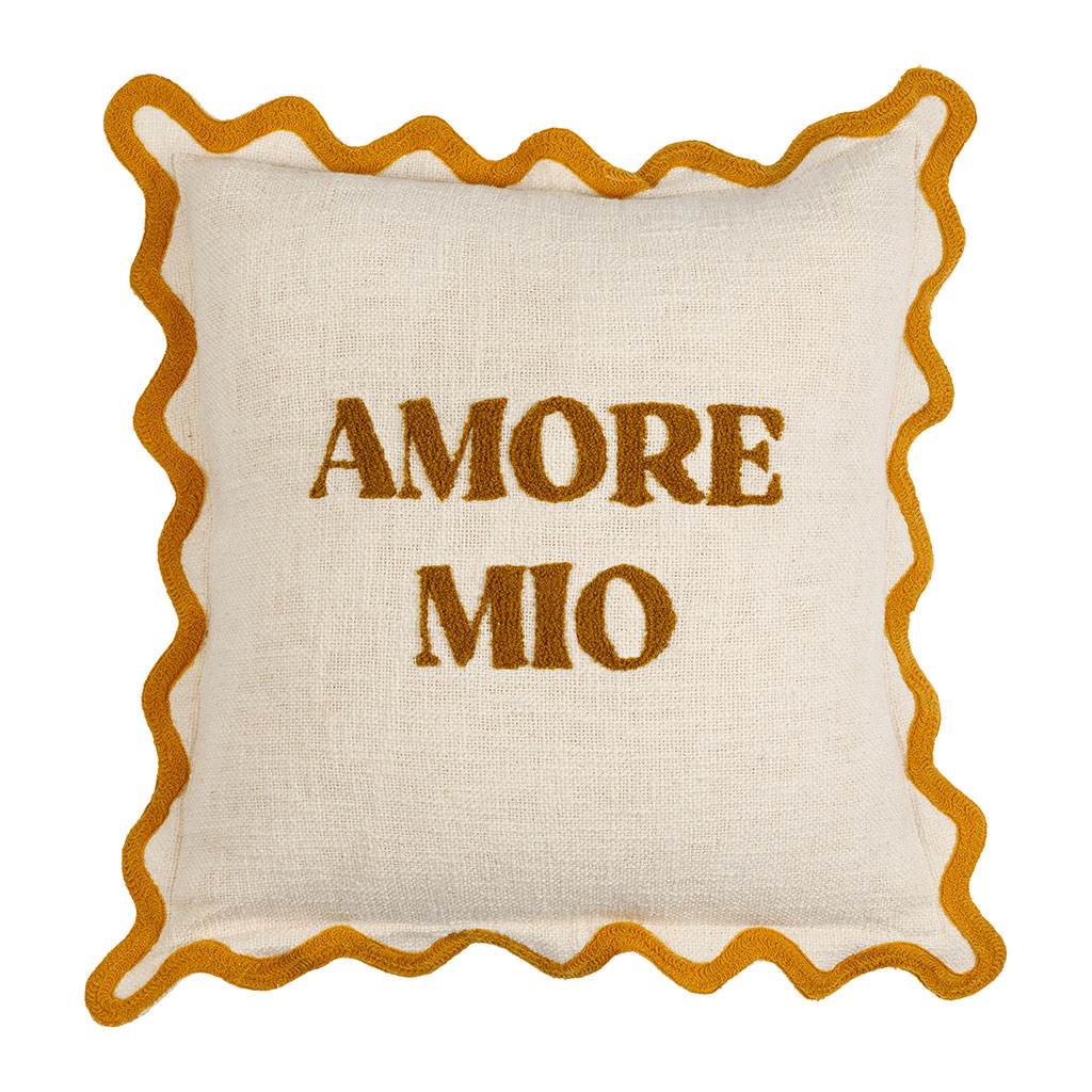 Coussin "Amore moi" en coton moutarde et écru 45x45cm - Lumi